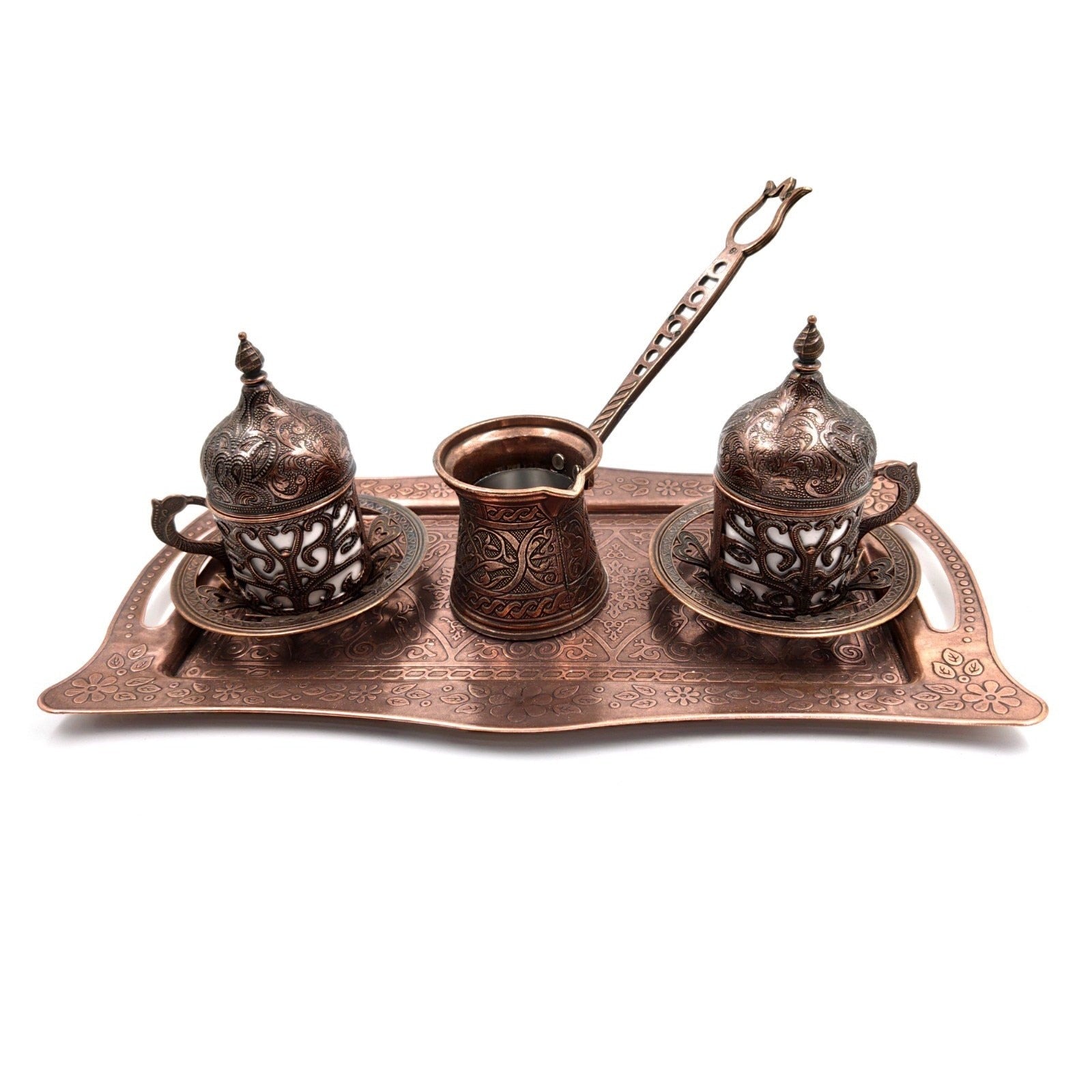 Handmade Clover Design Turkish Greek Arabic Coffee Espresso Serving Set for 2,Cups Saucers Lids Tray Delight Sugar Dish