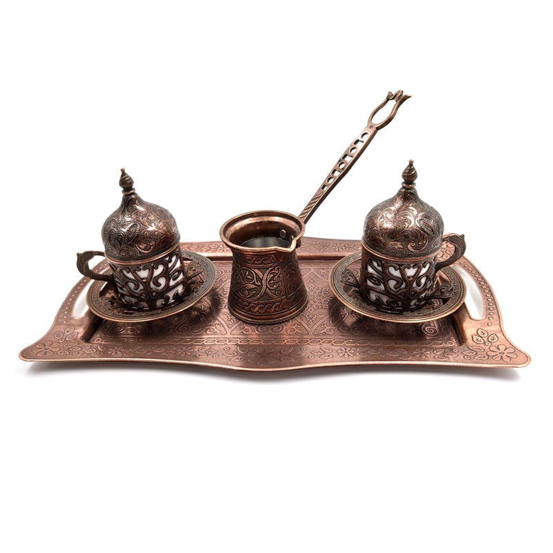 Handmade Clover Design Turkish Greek Arabic Coffee Espresso Serving Set for 2,Cups Saucers Lids Tray Delight Sugar Dish
