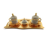 Handmade Clover Design Turkish Greek Arabic Coffee Espresso Serving Set for 2,Cups Saucers Lids Tray Delight Sugar Dish