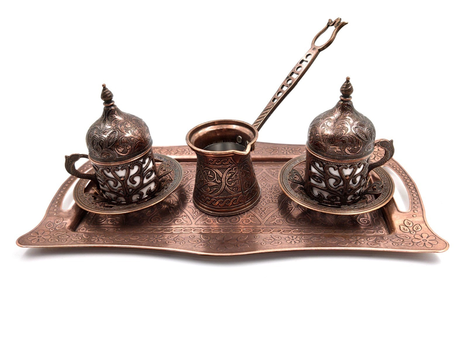 Handmade Clover Design Turkish Greek Arabic Coffee Espresso Serving Set for 2,Cups Saucers Lids Tray Delight Sugar Dish