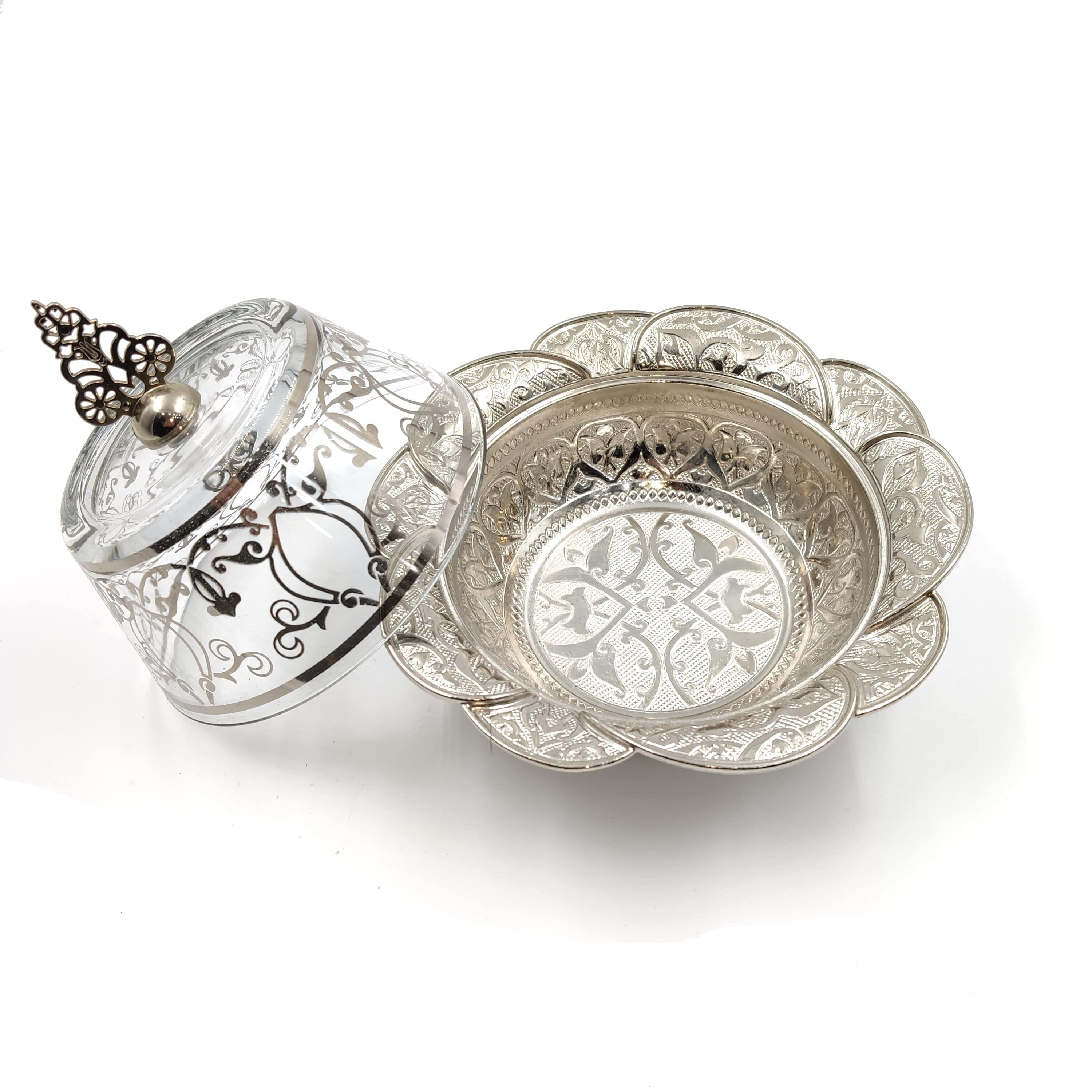 Gold Silver Colour Ottoman Style Delight Bowl With Glass Lid Plated Authentic Snack Serving Bowl Plated Silver Serving Tray