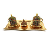 Handmade Clover Design Turkish Greek Arabic Coffee Espresso Serving Set for 2,Cups Saucers Lids Tray Delight Sugar Dish
