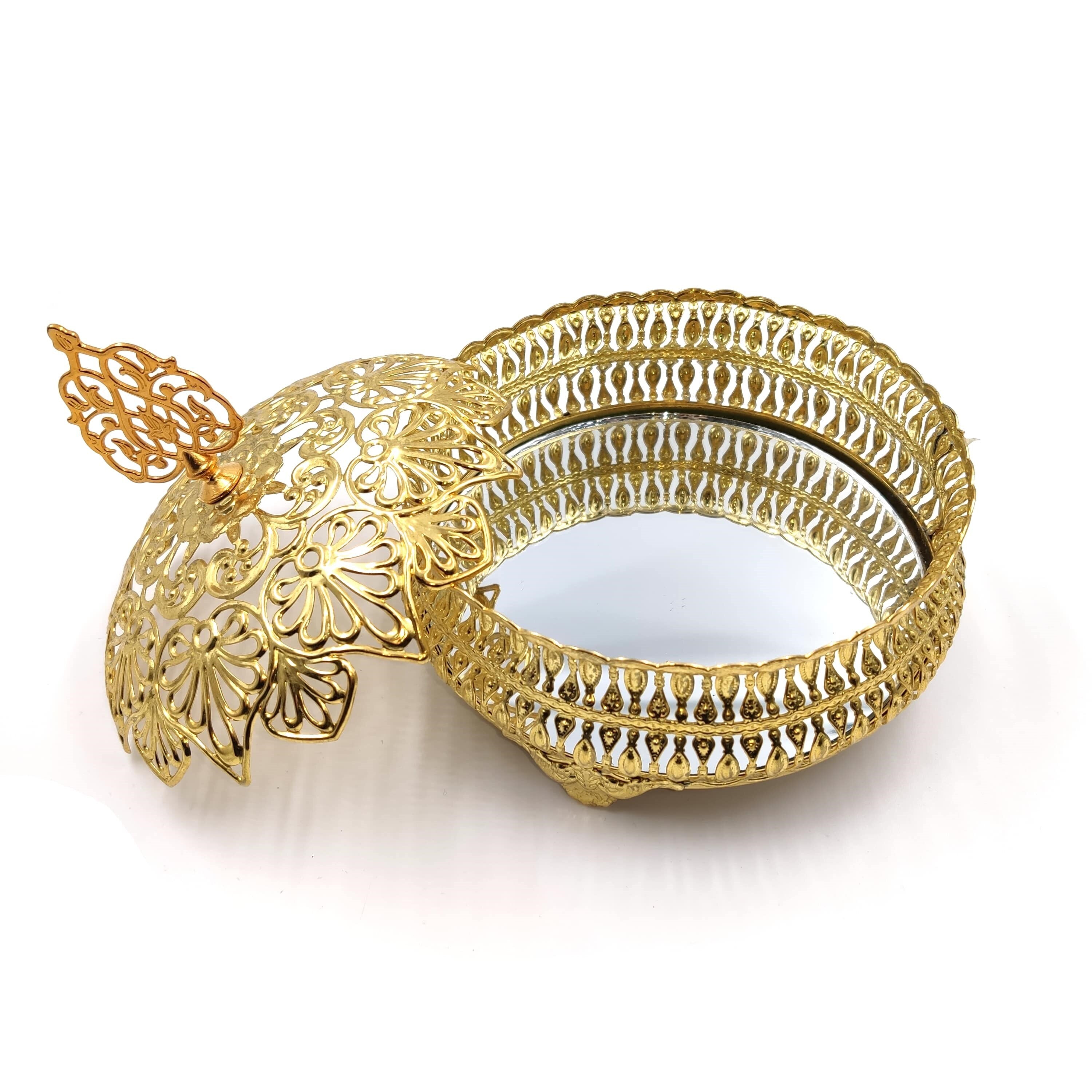 Golden Silver Colour Mirror Arabic Snack Bowl Authentic Serving Bowl With Lid Fruit Plate Candy Serving Tray