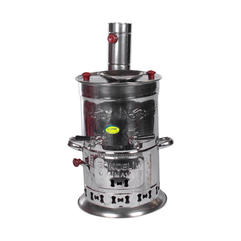 Turkish Semavar Tea Boiler Double Tap Steel-Chrome Wood and Charcoal Survivors Camp and Picnic Samovar Light And Durable