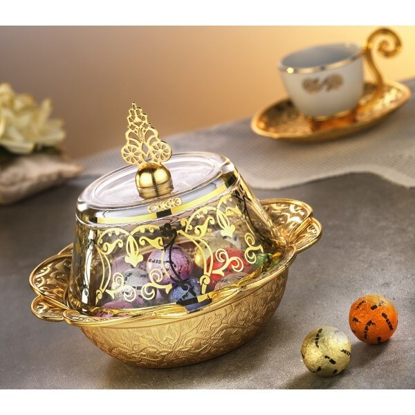 Gold Silver Colour Ottoman Style Delight Bowl With Glass Lid Plated Authentic Snack Serving Bowl Plated Silver Serving Tray