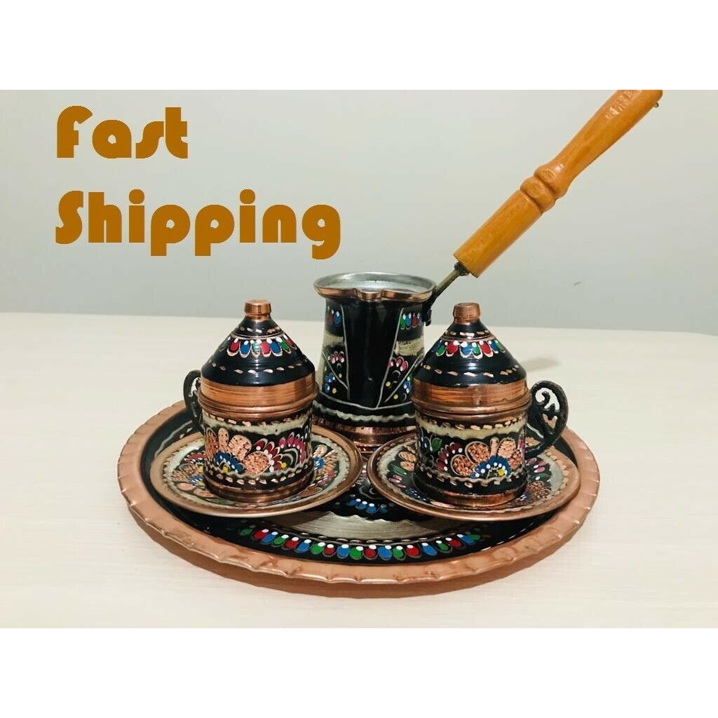 Turkish Erzincan Model Hammered Copper Coffee Serving Cups and Saucer Set