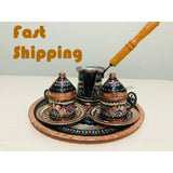 Turkish Erzincan Model Hammered Copper Coffee Serving Cups and Saucer Set