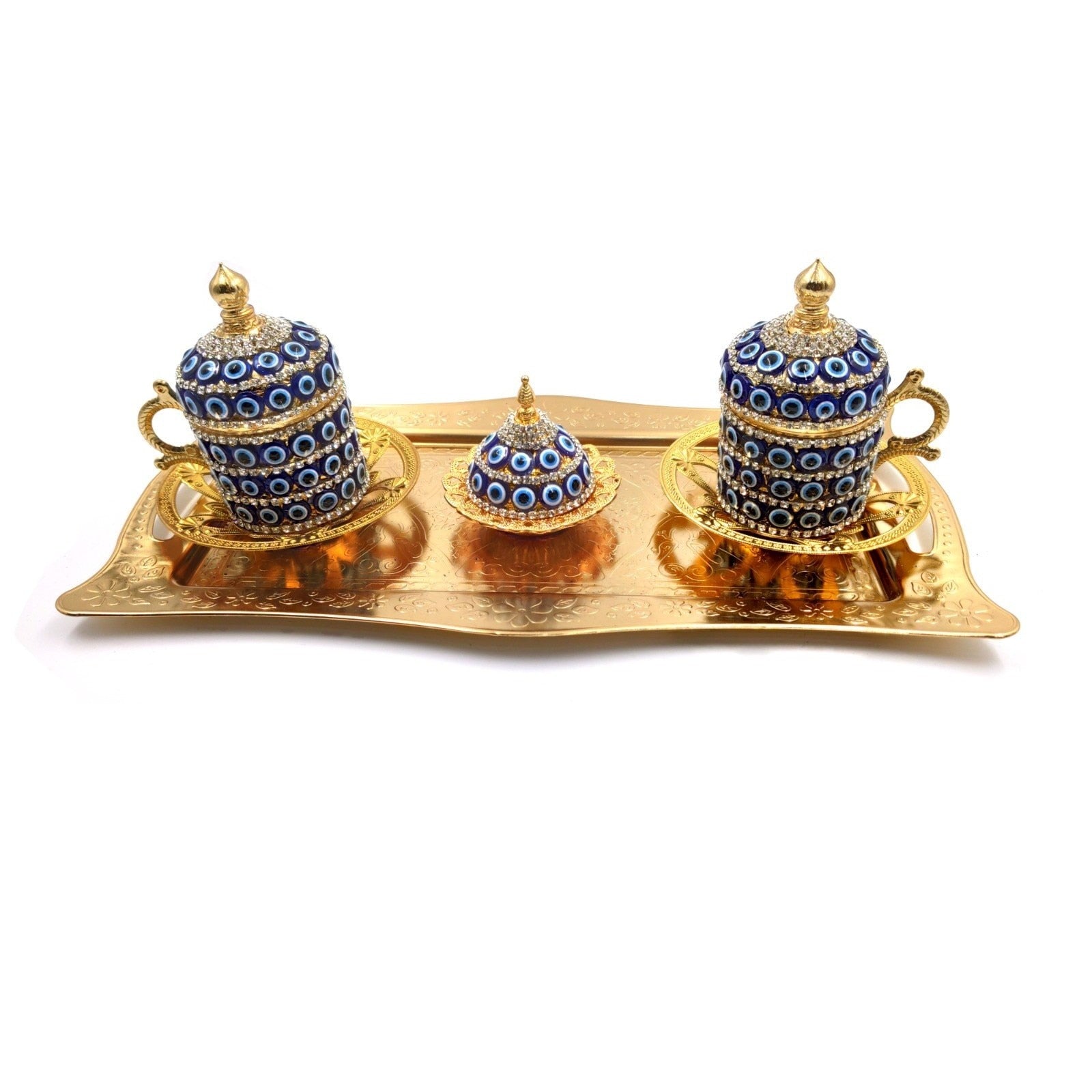 Handmade Clover Design Turkish Greek Arabic Coffee Espresso Serving Set for 2,Cups Saucers Lids Tray Delight Sugar Dish