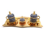 Handmade Clover Design Turkish Greek Arabic Coffee Espresso Serving Set for 2,Cups Saucers Lids Tray Delight Sugar Dish