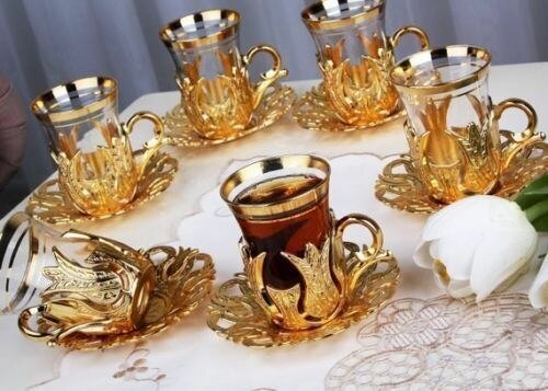 Ottoman Anatolian Arabic Turkish Green Tea Cups Handmade Authentic Gold Silver And Saucers Set For Six People Made in Turkey