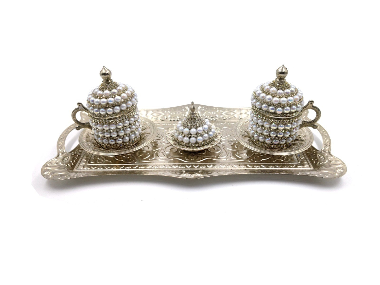 Handmade Clover Design Turkish Greek Arabic Coffee Espresso Serving Set for 2,Cups Saucers Lids Tray Delight Sugar Dish