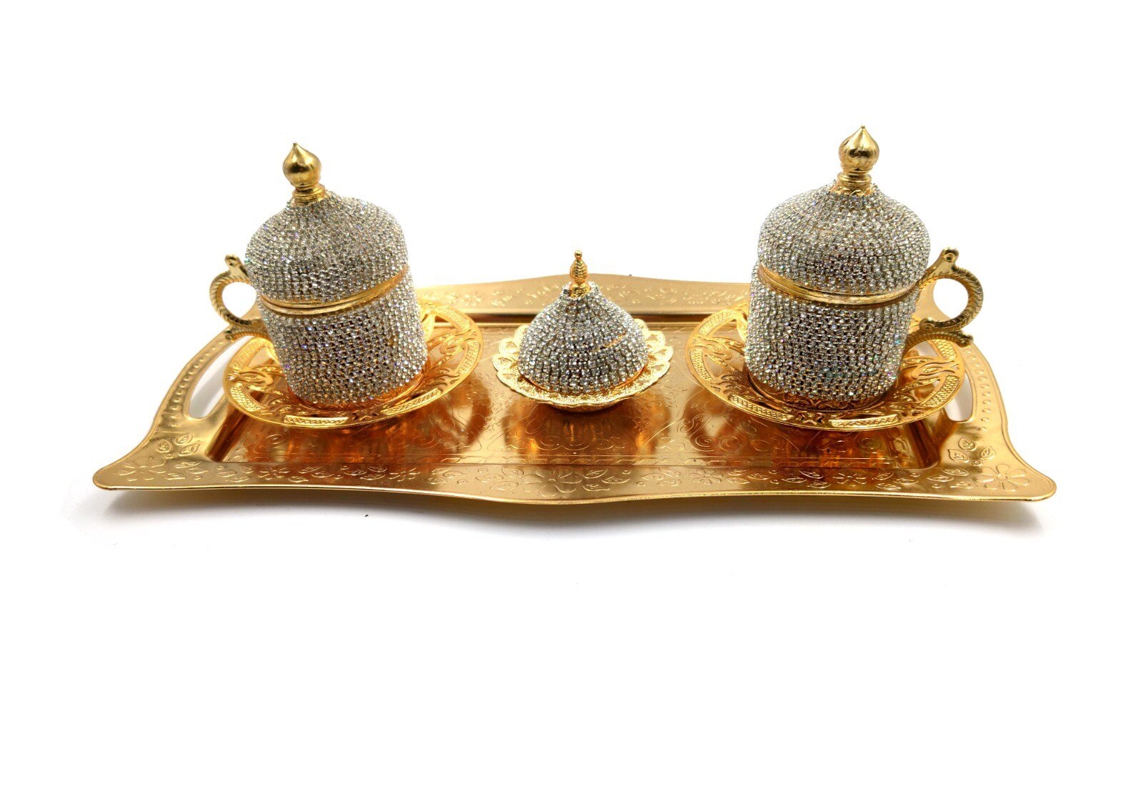 Handmade Clover Design Turkish Greek Arabic Coffee Espresso Serving Set for 2,Cups Saucers Lids Tray Delight Sugar Dish
