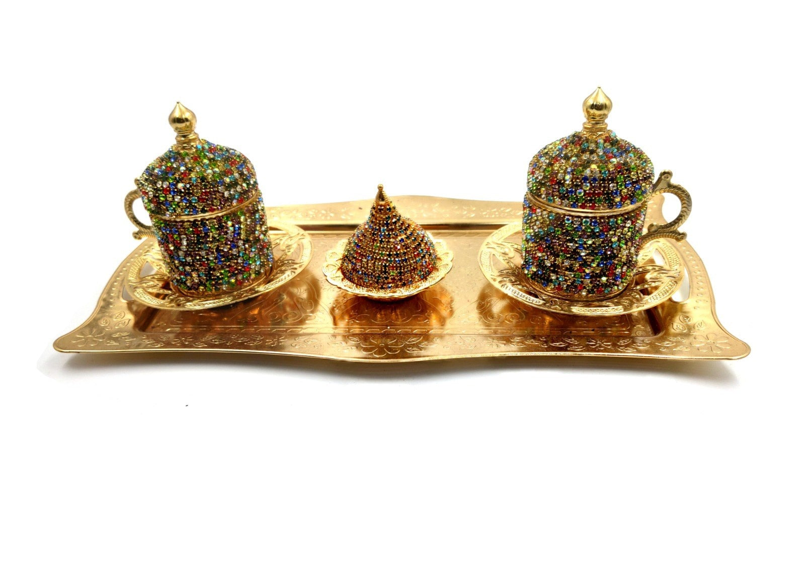 Handmade Clover Design Turkish Greek Arabic Coffee Espresso Serving Set for 2,Cups Saucers Lids Tray Delight Sugar Dish