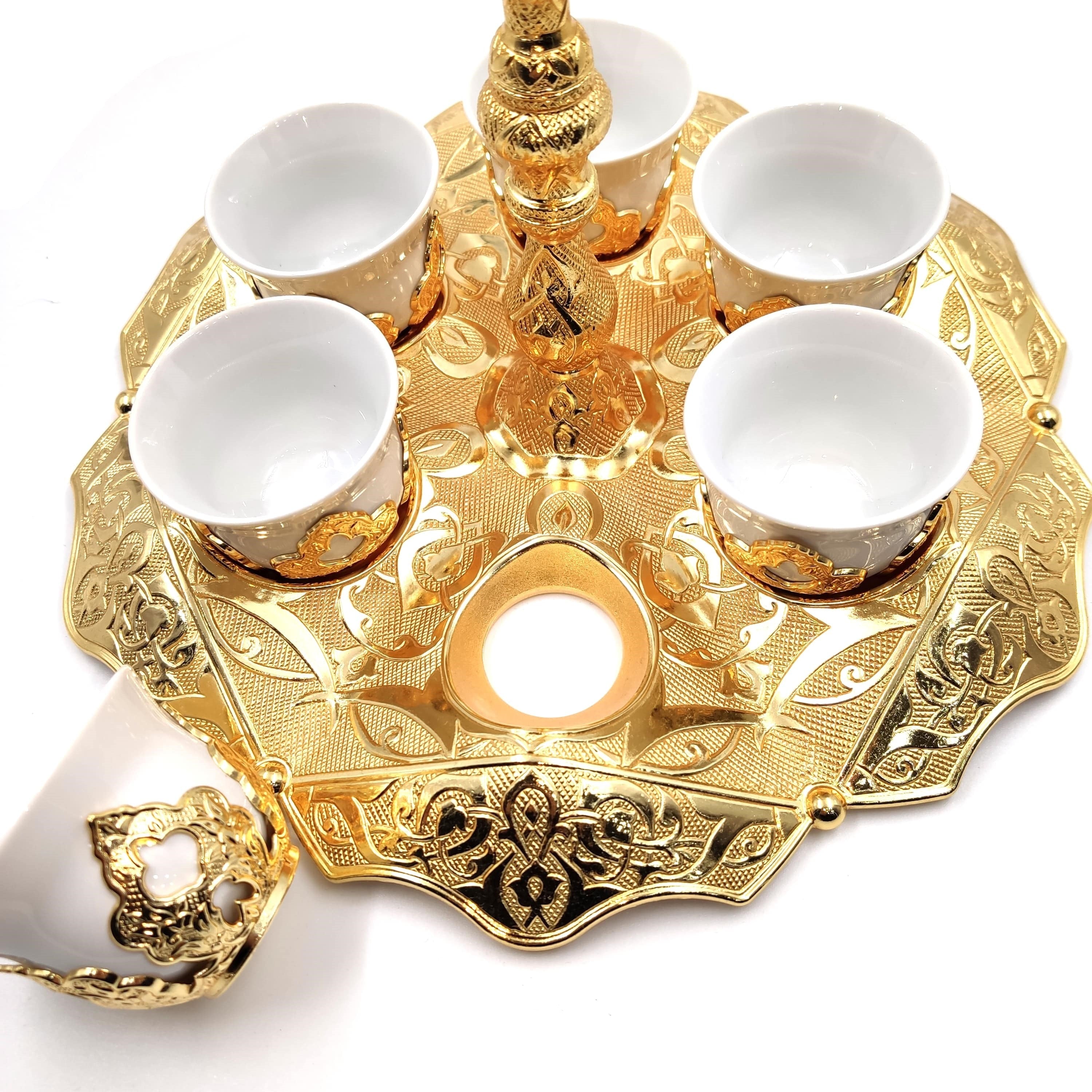 Set of 6 English Golden Plated Coffee Set Mırra, Greek, arabic Coffee Serving Cups Set in Espresso Made in Turkey