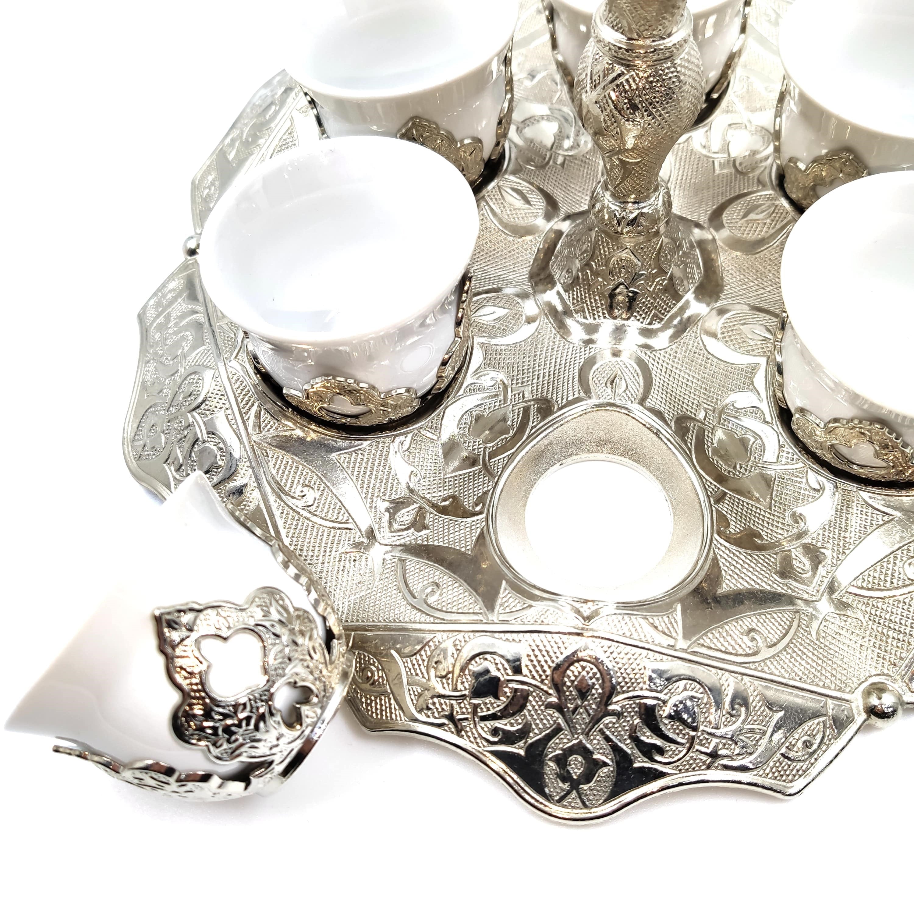 Turkish Silver Plated Coffee Set Mırra, arabic Coffee Serving Cups Set Two Tier Cake Stand Afternoon Tea Wedding Plates Party