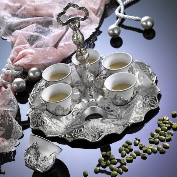 Set of 6 English Silver Plated Coffee Set Mırra, Greek, arabic Coffee Serving Cups Set in Espresso Made in Turkey