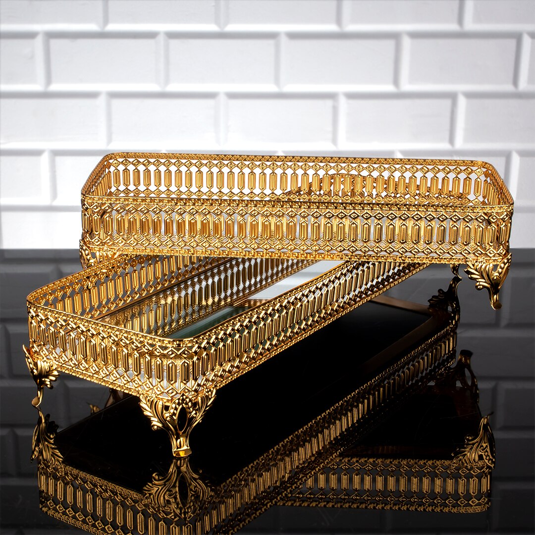 Service Long Tray Hurrem Turkish Ottoman Style Plate Cake Bell Jar Cookie Macaron Sweet Dessert Square Serving