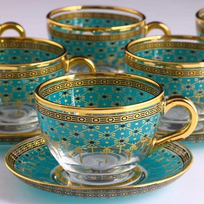 Handmade authentic gold silver Anatolian Arabic Turkish tea cup and supports seti türkiye'de for six people made