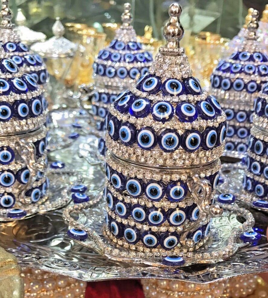 Set of 6 Swarovski Turkish Coffee Cups Set Made in Turkey Arabic Set Handmade Tea Cups Espresso Set Copper Coffee set