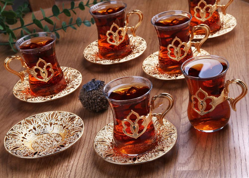 Tea Glasses Cups and Saucers Sets Authentic Turkish Arabic Tea Cups Set ( With Teaspoon Gift) Made in Turkey