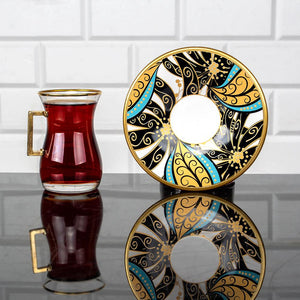 Turkish Tea Glasses Lily Design 12 Pieces  Serving Set with Holders  Gift Set