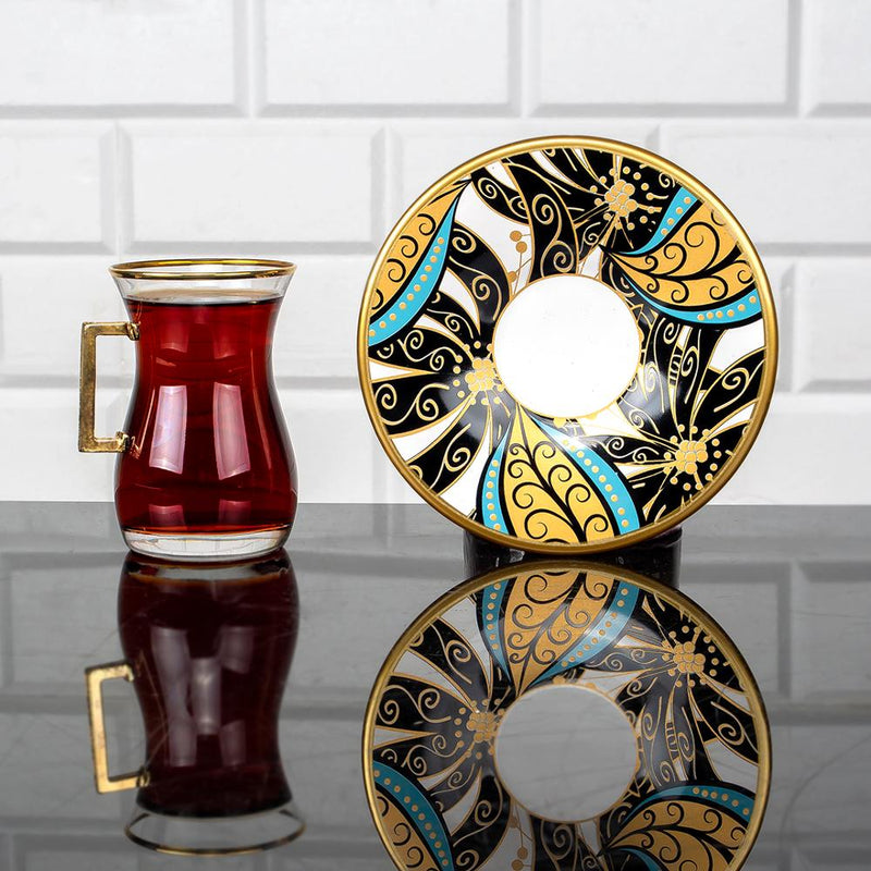 Turkish Tea Glasses Lily Design 12 Pieces  Serving Set with Holders  Gift Set