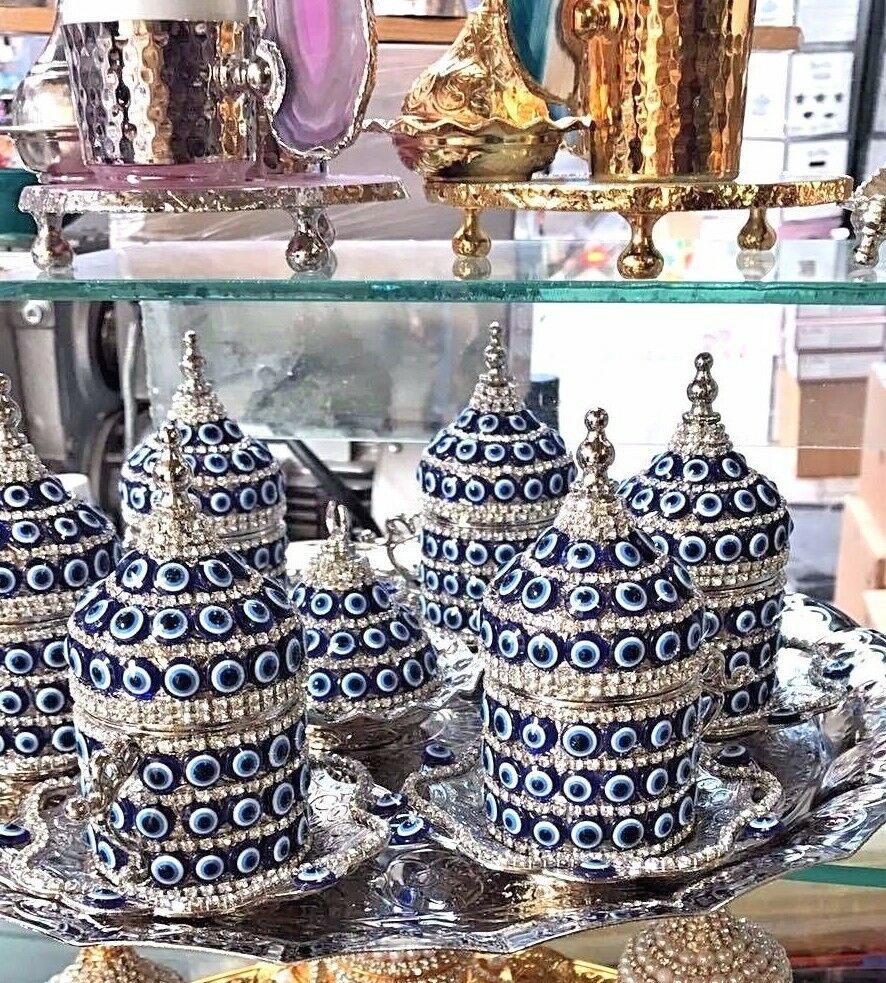 Set of 6 Swarovski Turkish Coffee Cups Set Made in Turkey Arabic Set Handmade Tea Cups Espresso Set Copper Coffee set