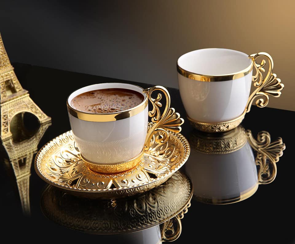 Turkish Golden Coffee Cups and Saucers Serving Set Ceramic Coffee Mugs Best for Home Decor Demistasse Porcelain Coffee Set