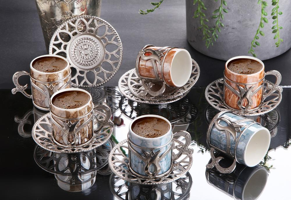 Turkish Golden Coffee Cups and Saucers Serving Set Ceramic Coffee Mugs Best for Home Decor Demistasse Porcelain Coffee Set