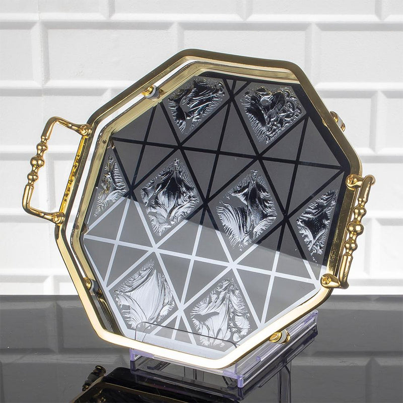 Serving Octagonal Glass Mirror Tray Silver Golden Turkish Ottoman Style Plate Cake Bell Jar Glass Cookie Macaron Sweet Dessert