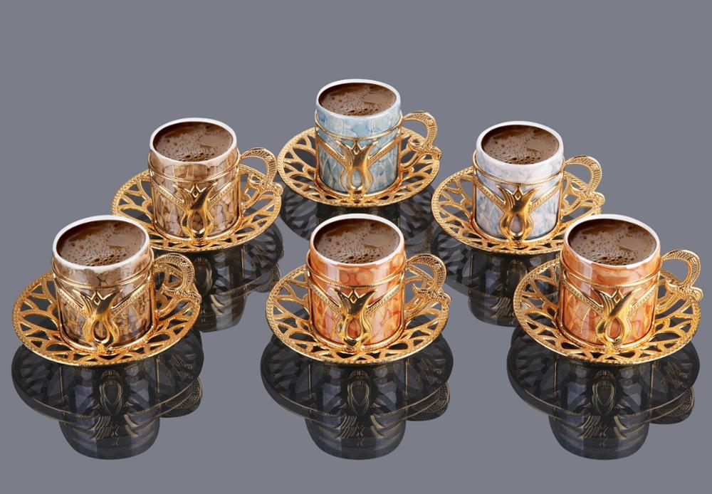 Turkish Golden Coffee Cups and Saucers Serving Set Ceramic Coffee Mugs Best for Home Decor Demistasse Porcelain Coffee Set
