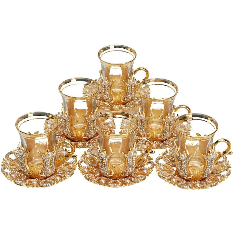 Turkish Green Tea Glasses Set of Decorated Type with Swarovski Crystals and Pearl English Arabic Tea Cups Made in Turkey
