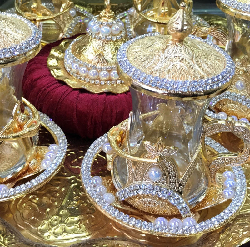 Turkish Green Tea Glasses Set of Decorated Type with Swarovski Crystals and Pearl English Arabic Tea Cups Made in Turkey