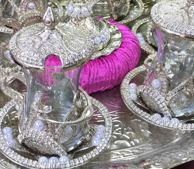 Turkish Green Tea Glasses Set of Decorated Type with Swarovski Crystals and Pearl English Arabic Tea Cups Made in Turkey