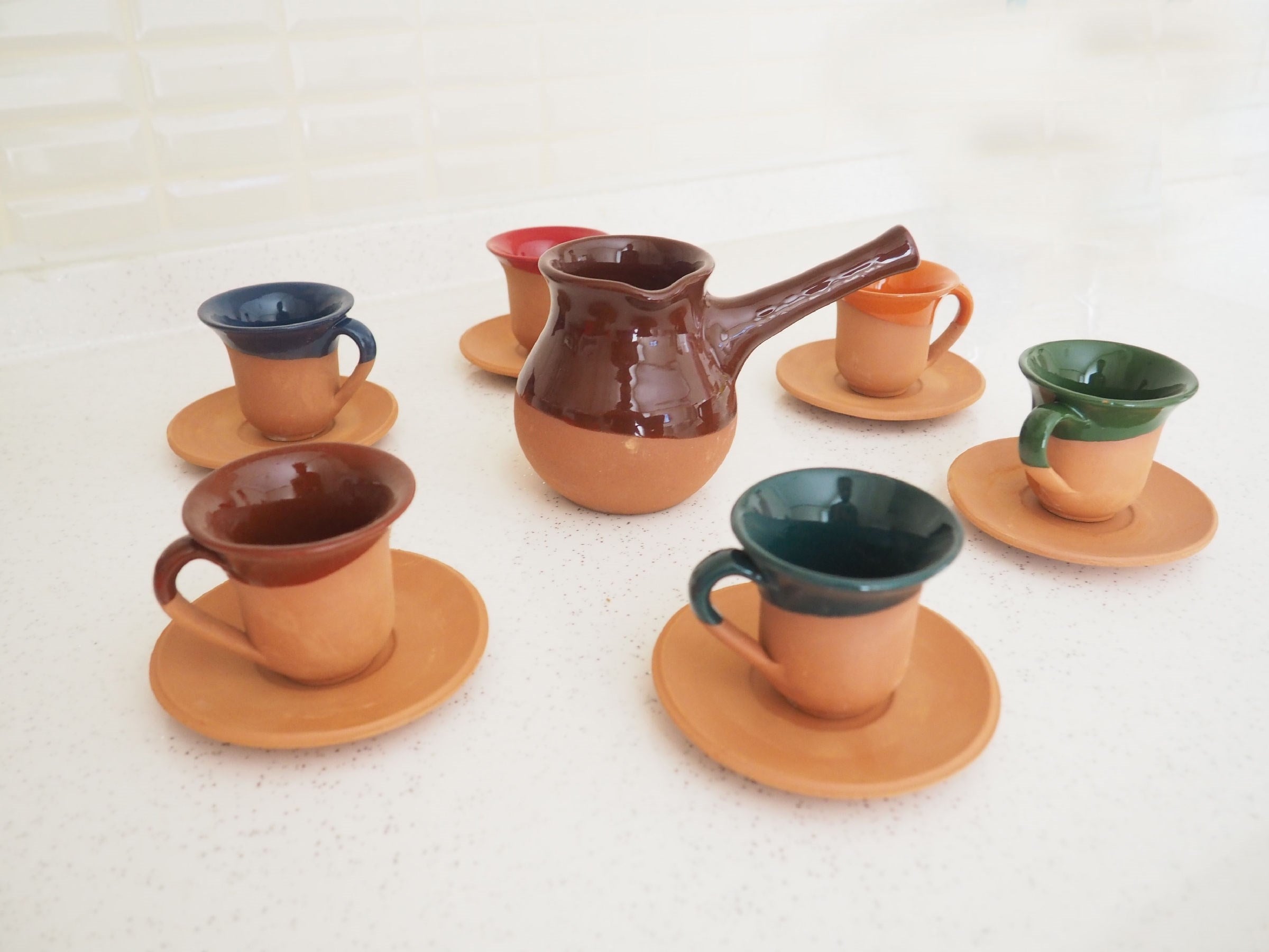 Authentic Handmade Turkish Coffee Cups Set Set in Espresso Clay Pottery Set of 6