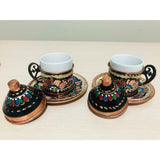 Turkish Erzincan Model Hammered Copper Coffee Serving Cups and Saucer Set