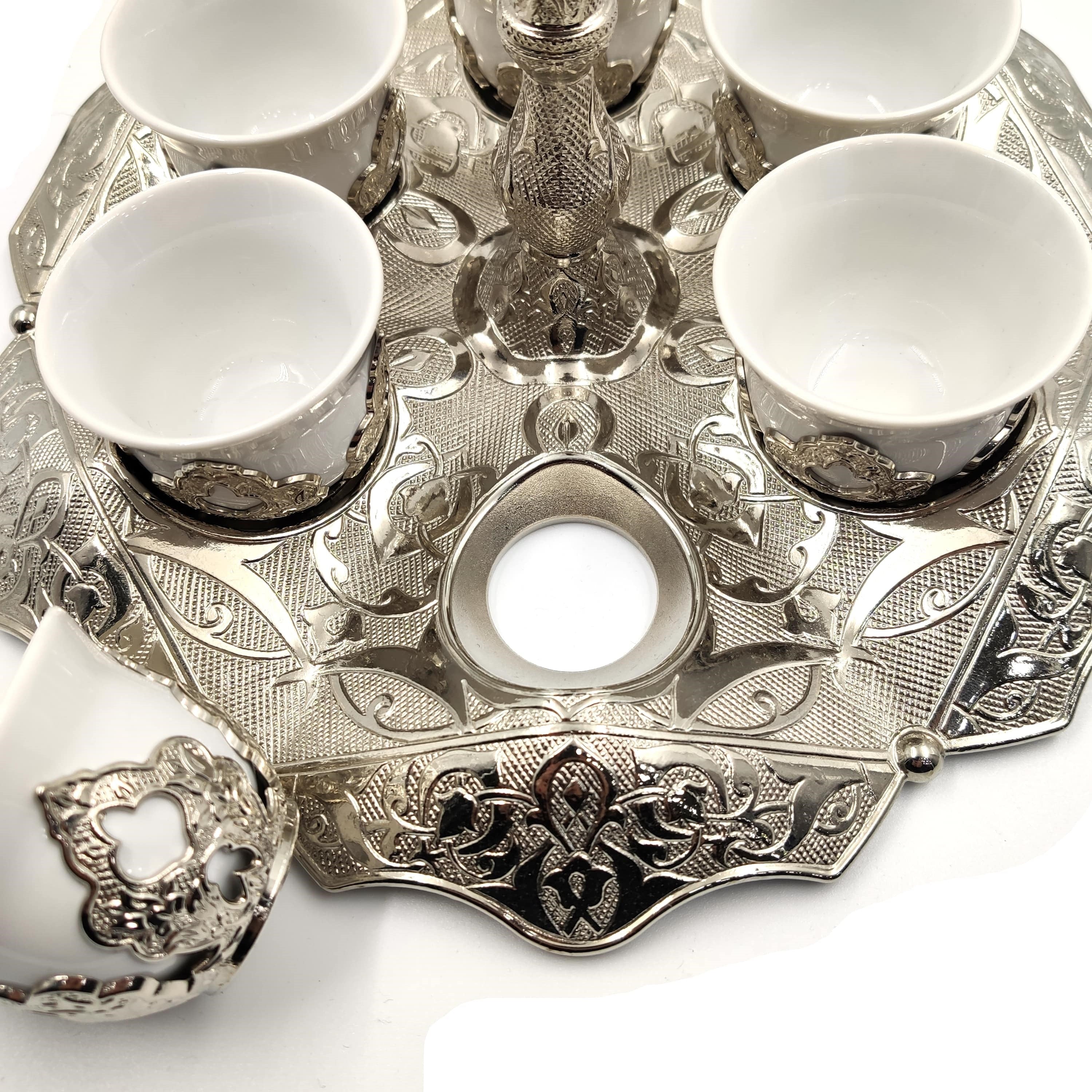 Set of 6 English Silver Plated Coffee Set Mırra, Greek, arabic Coffee Serving Cups Set in Espresso Made in Turkey