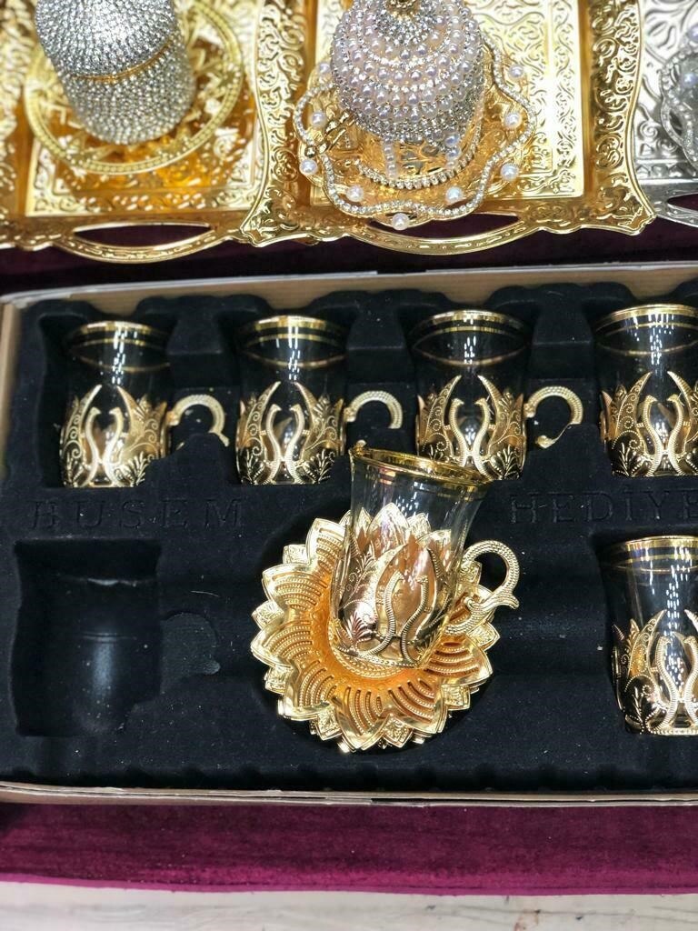 Ottoman Anatolian Arabic Turkish Green Tea Cups Handmade Authentic Gold Silver And Saucers Set For Six People Made in Turkey