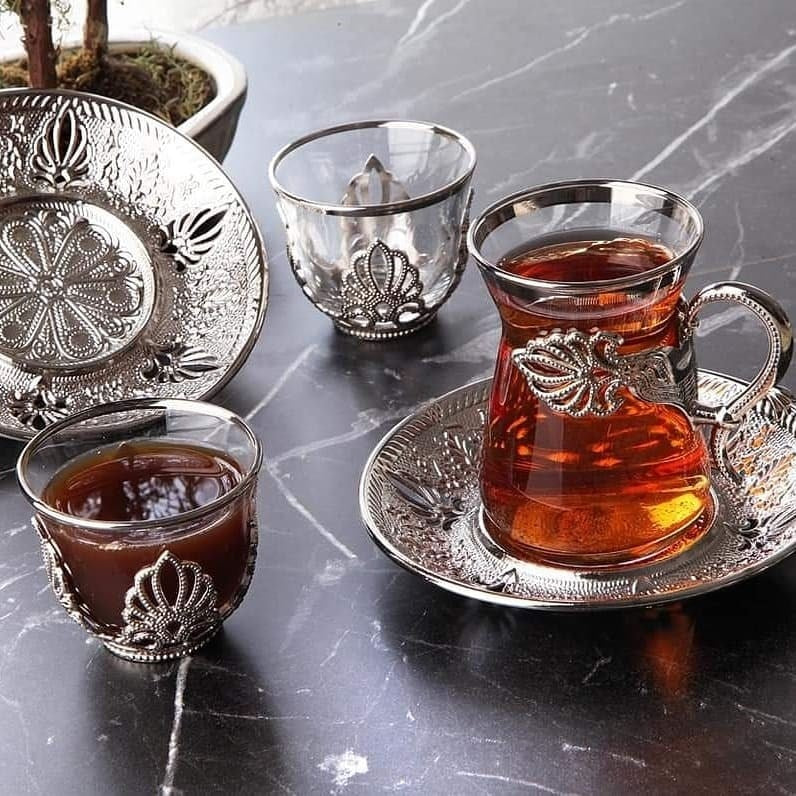 24 Pc Turkish Tea Glasses Set with Holder Handles Saucers Spoons Glass Cups