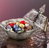 Gold Silver Colour Ottoman Style Delight Bowl With Glass Lid Plated Authentic Snack Serving Bowl Plated Silver Serving Tray