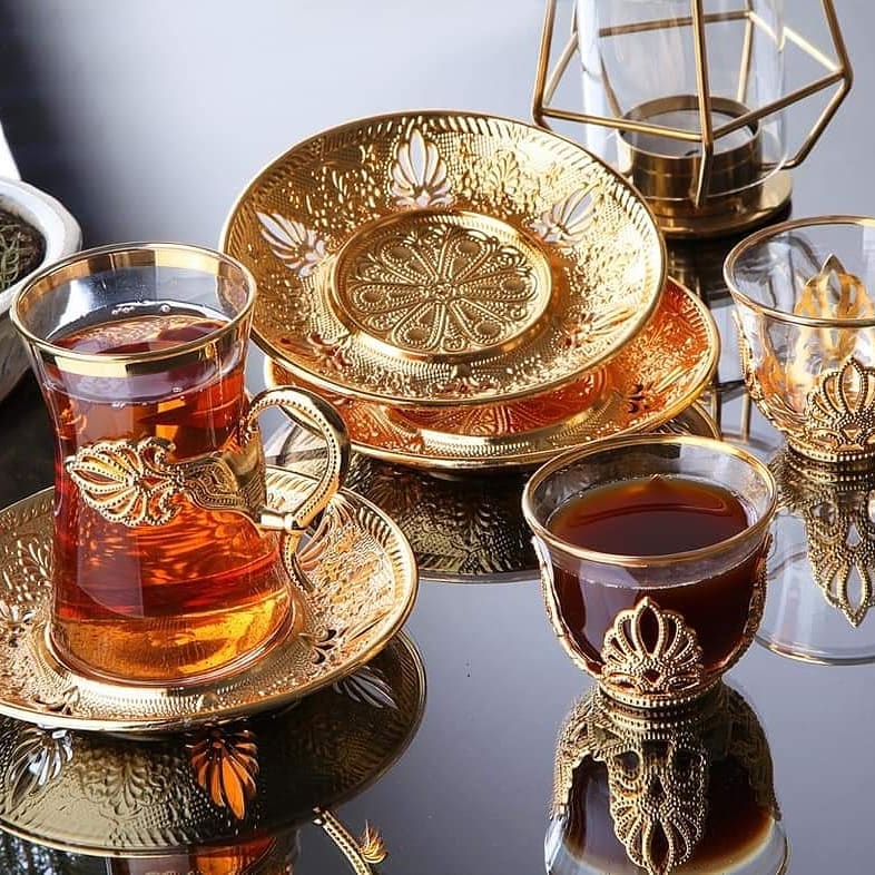 24 Pc Turkish Tea Glasses Set with Holder Handles Saucers Spoons