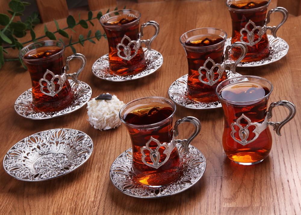 Tea Glasses Cups and Saucers Sets Authentic Turkish Arabic Tea Cups Set ( With Teaspoon Gift) Made in Turkey