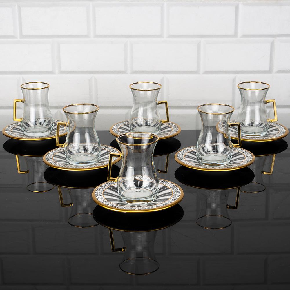 12 Pieces Turkish Tea Glasses Black Geometric Design Serving Set with Holders Gift Set