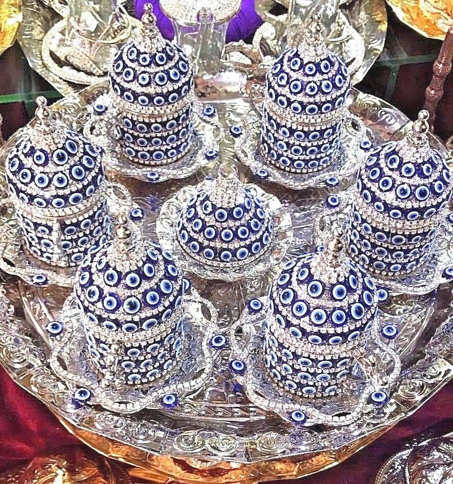 Set of 6 Swarovski Turkish Coffee Cups Set Made in Turkey Arabic Set Handmade Tea Cups Espresso Set Copper Coffee set