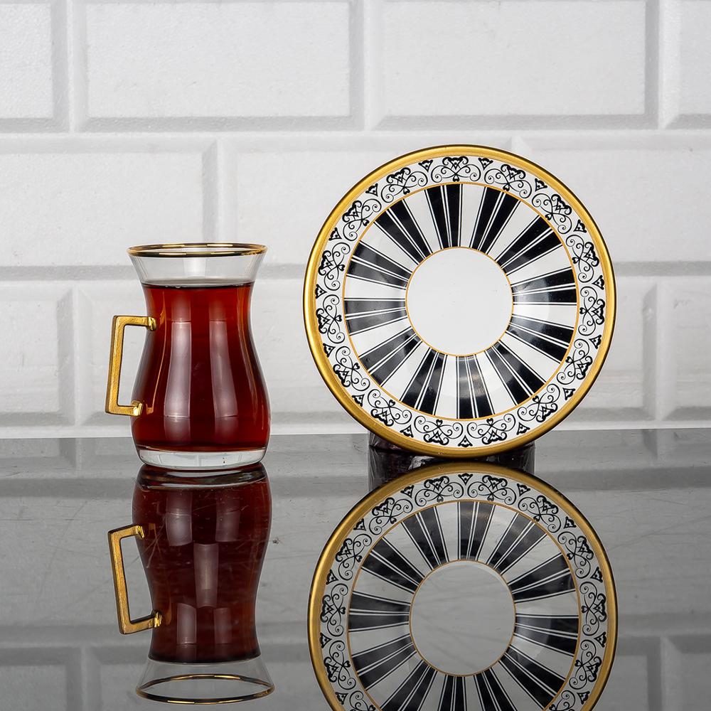 12 Pieces Turkish Tea Glasses Black Geometric Design Serving Set with Holders Gift Set