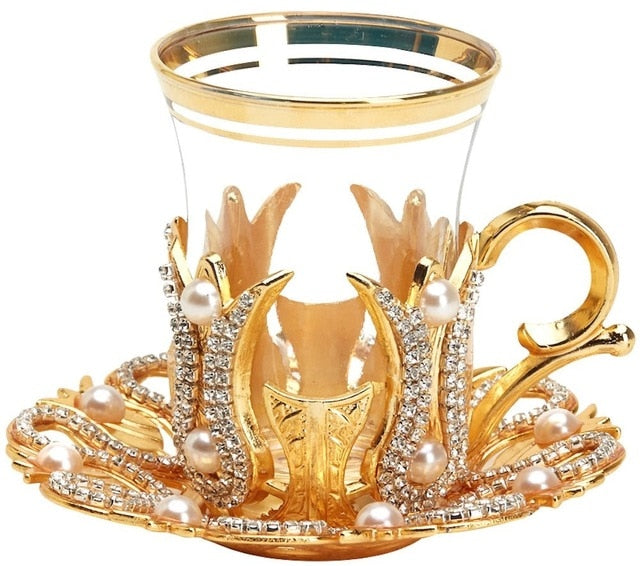 Turkish Green Tea Glasses Set of Decorated Type with Swarovski Crystals and Pearl English Arabic Tea Cups Made in Turkey
